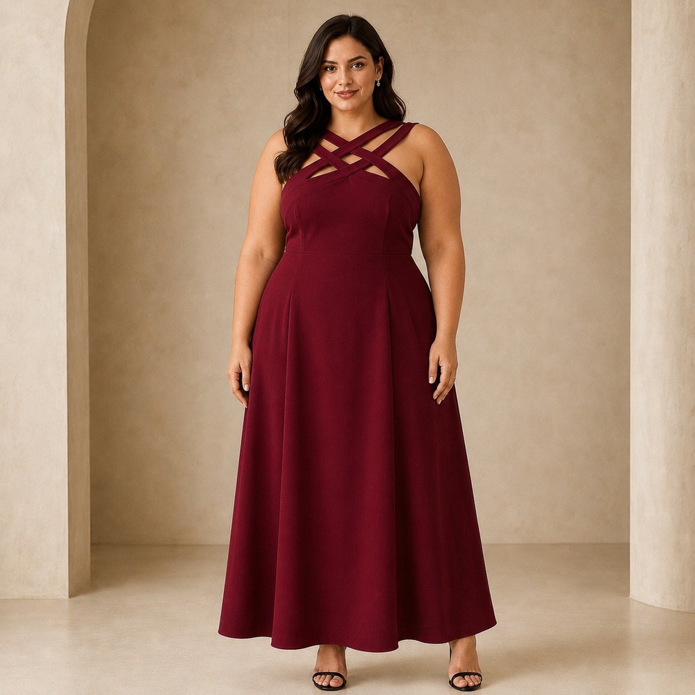 J. Peterman Burgundy Lattice Cage Neck A-Line Midi Dress Womens 16 Sleeveless